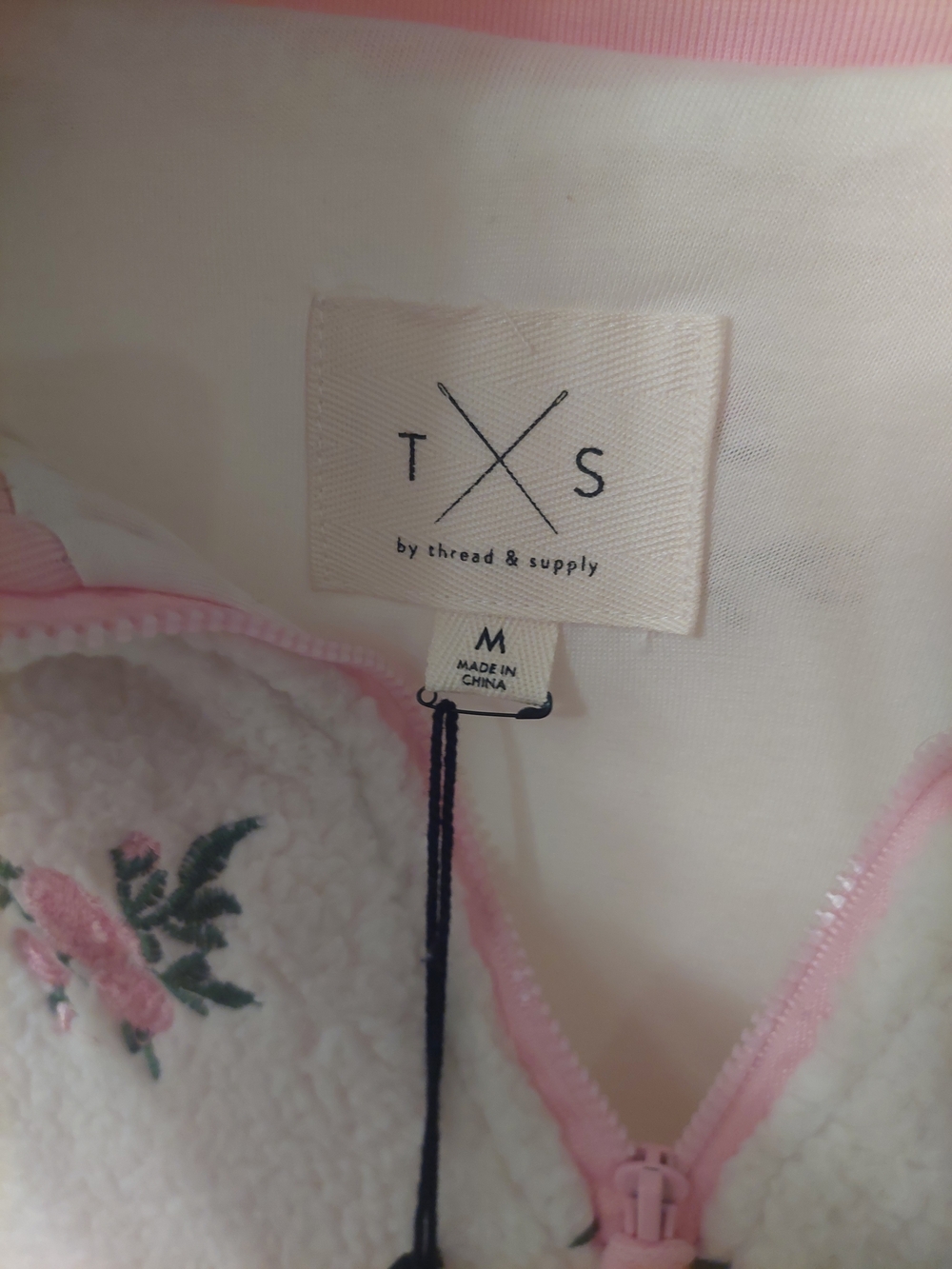 Cream Sherpa Half-Zip Jacket with Pink Rose Embroidery - Picture 2 of 4